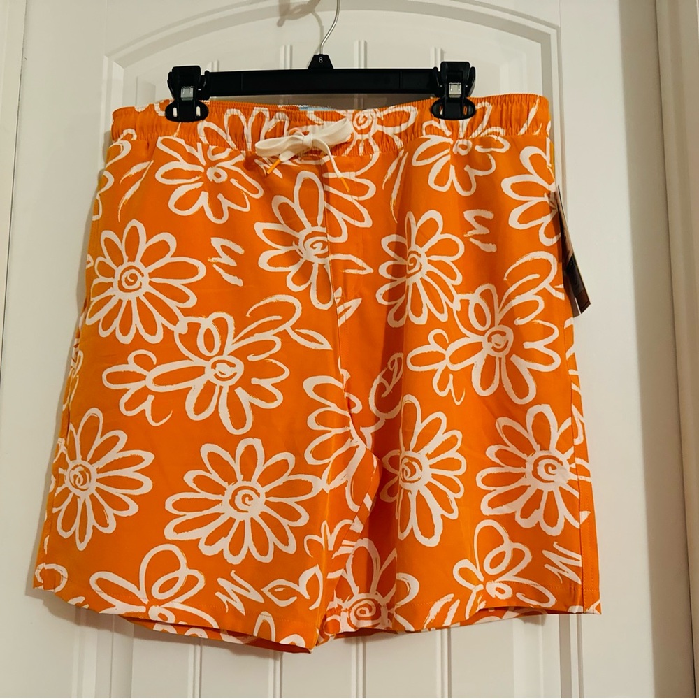 Cool Malibu men's size XL orange white floral swim trunks pockets UV protection